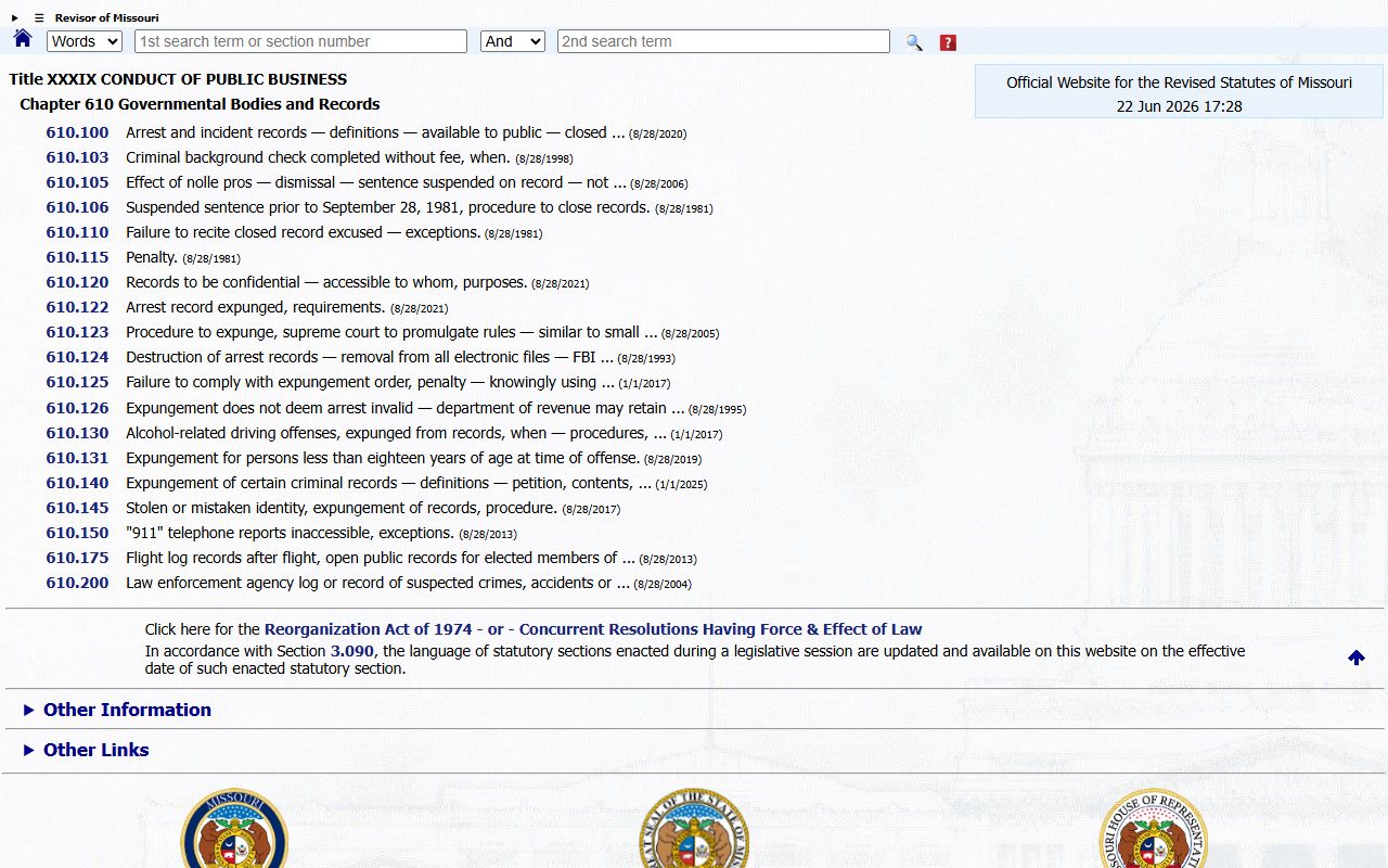 Polk County criminal court records Missouri expungement statute range