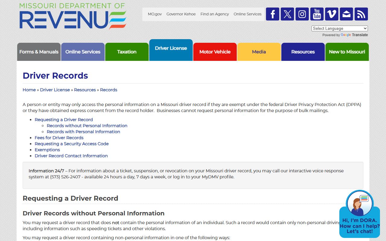 Polk County traffic court records Missouri DOR driver record request page